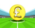 Golden Pound coin in the midfield of football stadium vector Royalty Free Stock Photo