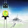 Golden Pound coin in sky space elevator concept above city