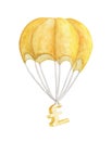 Golden Pound is flying on a parachute. watercolor illustration Royalty Free Stock Photo