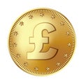 Golden pound sterling coin, money.