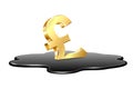 Golden pound sterling sign drawn in spilled puddle of crude oil. Oil industry crisis concept.