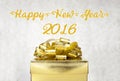 Golden Present box with Happy New Year 2016 word at bokeh light Royalty Free Stock Photo