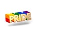 Golden PRIDE word with rainbow outline. LGBTQ pride month symbol concept. Isolated on white background with copy space. 3D