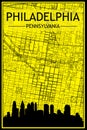 Hand-drawn panoramic city skyline poster with downtown streets network of PHILADELPHIA, PENNSYLVANIA Royalty Free Stock Photo