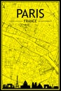 Hand-drawn panoramic city skyline poster with downtown streets network of PARIS, FRANCE Royalty Free Stock Photo