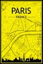 Hand-drawn panoramic city skyline poster with downtown streets network of PARIS, FRANCE Royalty Free Stock Photo