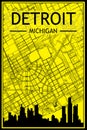 Hand-drawn panoramic city skyline poster with downtown streets network of DETROIT, MICHIGAN