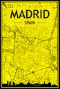 Hand-drawn panoramic city skyline poster with downtown streets network of MADRID, SPAIN Royalty Free Stock Photo