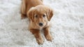 Golden puppy lying on a fluffy white carpet. Adorable young dog with soulful eyes. Concept of pet innocence, young