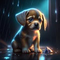 Golden puppy in the rain. 3D rendering, 3D illustration. Generative AI