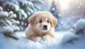 Puppy in Snow with Snowflakes Falling