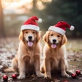 Golden Retriever dogs wearing red Santa hats evoke a cute and warm feeling during Christmas and New Year festivals. AI-generated. Royalty Free Stock Photo