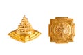 Golden pyramid in different positions. Pyramid as a symbol of happiness, success and well-being in the house