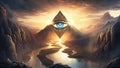 Golden pyramid with an open Third Eye in a magical landscape filled with light. Psychic visions. Generative AI