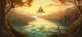 Golden pyramid with a symbolic eye, in a magical landscape filled with golden sunlight. Generative AI Royalty Free Stock Photo
