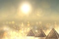 Golden pyramids ancient egypt with golden shinig bokeh background. Egypt template design for travel agency with space for your di