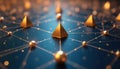 Golden pyramids, spheres connect on dark blue surface. Abstract network shows data structure, finance links, tech innovation. Royalty Free Stock Photo