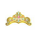 Golden queen crown with precious pink and blue stones. Vector icon of shiny princess tiara in realistic style. Expensive Royalty Free Stock Photo