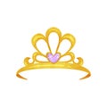 Golden queen crown with precious purple stone in shape of heart. Shiny princess tiara. Expensive jewelry. Woman s head