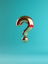Golden Question Mark Enigma Inquiry uncertainty query puzzle solution A metallic question mark floats against a teal