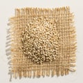 Golden Quinoa seed. Close up of grains over burlap.