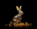 Golden rabbit image on a black background.