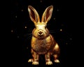 Golden rabbit image on a black background.