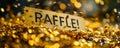 Golden raffle ticket with RAFFLE! text, symbolizing chance, competition, and luck in a prize draw or lottery event with a