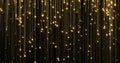 Golden rain, gold glitter particles falling. Glowing glittering magic lights. Christmas backdrop, shiny sparkling light threads