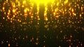 Golden rain. Round particles melt in rays of light, 3D rendering. Computer generated beautiful background