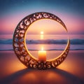 Golden Crescent Moon with Candle at Twilight Beach Royalty Free Stock Photo