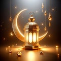 Golden ramadan lantern with moon in black background