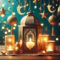 Golden Lanterns & Crescent Moon Decor: Festive Glow Royalty Free Stock Photo