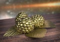 Golden Raspberry on wooden desk.3D render