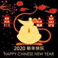 Golden rat on sakura houses clouds background and text Happy Chinese New Year Royalty Free Stock Photo