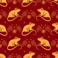 Golden Rat seamless pattern. Elegant golden rats and trendy swirls on a red background. Year of the Rat 2020 Chinese Royalty Free Stock Photo