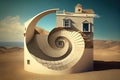 Golden Ratio and fantasy spiral stairs, surreal house on sea beach, generative AI