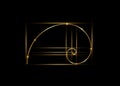 Golden ratio. Fibonacci number, golden section, divine proportion and shiny gold spiral, vector isolated on black background