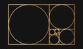 Golden ratio template. Gold-colored rectangle frame divided into squares and circles. Fibonacci sequence grid. Ideal
