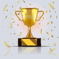 Golden realistic champion cup. 3d Vector illustration. Trophy with glittering confetti particles.