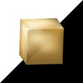 Golden Realistic Cube. Vector metallic 3D isometric yellow metal box with reflections on black and white background