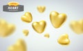 Golden realistic hearts on light background. 3d vector illustration of metallic luxury heart shape in different views.