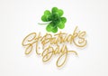 Golden realistic lettering Happy St. Patricks Day and realistic clover leaf. Design element for poster, banner Happy