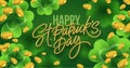 Golden realistic lettering Happy St. Patricks Day with realistic clover leaves background and gold coins. Background for