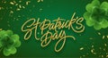 Golden realistic lettering Happy St. Patricks Day with realistic clover leaves background. Background for poster, banner Royalty Free Stock Photo
