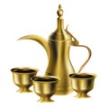 Golden realistic vector 3D arabic coffee pot dallah and three cups of bitter coffee Khaleeji isolated on white background Royalty Free Stock Photo