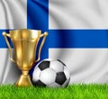 Golden realistic winner trophy cup and soccer ball isolated on national FINLAND flag. National team is the winner of the Royalty Free Stock Photo