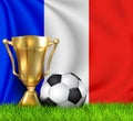 Golden realistic winner trophy cup and soccer ball isolated on national France flag. National team is the winner of the Royalty Free Stock Photo