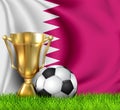 Golden realistic winner trophy cup and soccer ball isolated on national QATAR flag. National team is the winner of the football.