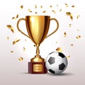 Golden realistic winner trophy cup and soccer ball isolated on white background with gold confetti. Vector illustration Royalty Free Stock Photo